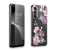 kwmobile Clear Case and Screen Protector Compatible with Samsung Galaxy A54 5G Case - Flower Bouquets Pastel Purple/Transparent