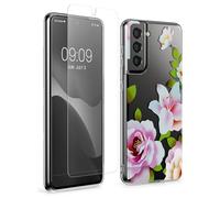 kwmobile Clear Case and Screen Protector Compatible with Samsung Galaxy S21 Case - Springtime Roses Light Pink/White/Transparent