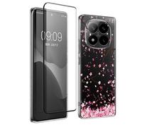 kwmobile Clear Case and Screen Protector Compatible with Xiaomi Redmi Note 14 Pro+ 5G / Redmi Note 14 Pro Plus 5G Case - Cherry Blossoms Pink/Dark Brown/Transparent