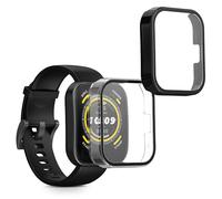 kwmobile Cover Compatible with 22mm Amazfit Bip 6 / Bip 5 Unity/Bip 5 / GTS 3 / Balance 2 / Helio Strap Covers - 2x Tempered Glass with Plastic Frame - Transparent/Black