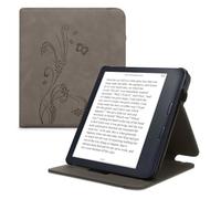 kwmobile Cover Compatible with Kobo Libra Colour - Faux Nubuck Leather e-Reader Case with Built-in Hand Strap and Stand - Butterfly Tendril Grey