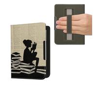 kwmobile Cover for Kobo Clara BW/Colour Case - eReader Cover with hand strap and auto sleep funktion - Girl and Books with Black/Beige