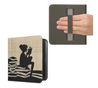 kwmobile Cover for Kobo Libra Colour Case - eReader Cover with hand strap and auto sleep funktion - Girl and Books with Black/Beige