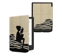 kwmobile Cover for Pocketbook Verse/Verse Lite/Pro/Color/Vivlio Light HD Case - eReader Cover with auto sleep funktion - Girl and Books with Black/Beige