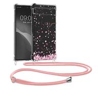 kwmobile Crossbody Case Compatible with Google Pixel 6a Case Strap - Cherry Blossoms Pink/Dark Brown/Transparent