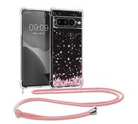 kwmobile Crossbody Case Compatible with Google Pixel 7 Pro Case Strap - Cherry Blossoms Pink/Dark Brown/Transparent