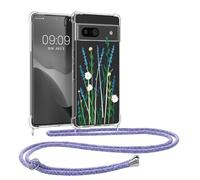 kwmobile Crossbody Case Compatible with Google Pixel 8a Case Strap - Wild Flowers Lavender/Green/Transparent
