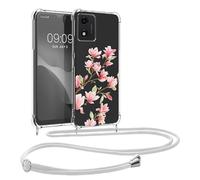 kwmobile Crossbody Case Compatible with Motorola Moto E13 Case Strap - Magnolias Pink/White/Transparent