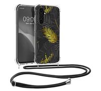 kwmobile Crossbody Case Compatible with Samsung Galaxy A25 Case Strap - Palm Leaves Yellow/Grey/Transparent