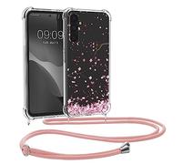 kwmobile Crossbody Case Compatible with Samsung Galaxy A34 5G Case Strap - Cherry Blossoms Pink/Dark Brown/Transparent