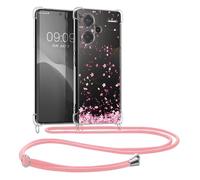 kwmobile Crossbody Case Compatible with Xiaomi Redmi Note 13 Pro+ 5G / Redmi Note 13 Pro Plus 5G Case Strap - Cherry Blossoms Pink/Dark Brown/Transparent