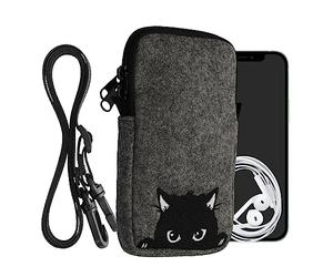 kwmobile Felt Phone Bag with Design L - 6.5" - 16.5 x 8.9 cm Strap Holder - Curious Cat Grey/Black
