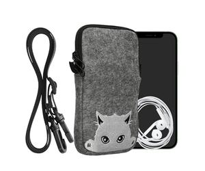 kwmobile Felt Phone Bag with Design L - 6.5" - 16.5 x 8.9 cm Strap Holder - Curious Cat Grey/White