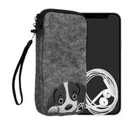 kwmobile Felt Phone Pouch Size XL - 6.7/6.8" - Zippered Universal Bag with Zipper and Embroidered Design - Curious Dog Grey/Black