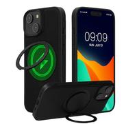 kwmobile Hard Phone Case for Apple iPhone 15 Case - Compatible with MagSafe - 360° Rotating Ring Stand - PU Leather Carbon Fibre Texture Black