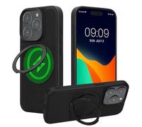 kwmobile Hard Phone Case for Apple iPhone 15 Pro Case - Compatible with MagSafe - 360° Rotating Ring Stand - PU Leather Carbon Fibre Texture Black