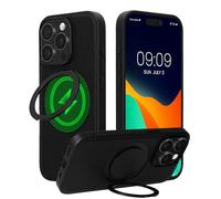 kwmobile Hard Phone Case for Apple iPhone 15 Pro Max Case - Compatible with MagSafe - 360° Rotating Ring Stand - PU Leather Carbon Fibre Texture Black