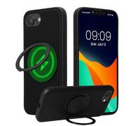 kwmobile Hard Phone Case for Apple iPhone 17e / iPhone 16e Case - Compatible with MagSafe - 360° Rotating Ring Stand - PU Leather Carbon Fibre Texture Black