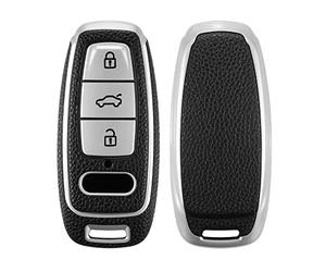 kwmobile Key Cover Compatible with Audi A6 A7 A8 Q7 Q8 3 Button Car Key Keyless Go - TPU Leather Look Car Key Fob Protector - Silver / Black