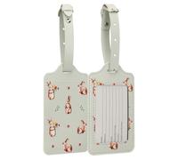 kwmobile Luggage Tags - 2X Synthetic Leather Name Address Cards for Travel Luggage, Suitcases - Rabbits and Flowers White/Brown/Gray Green