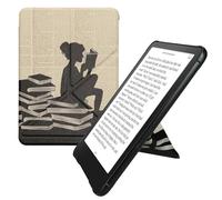 kwmobile Origami Case Compatible with Amazon Kindle Paperwhite (2024)/Colorsoft - Case Slim Premium PU Leather Cover with Stand - Girl and Books Black/Beige