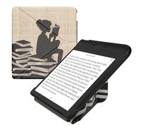 kwmobile Origami Case Compatible with Kobo Libra Colour - Case Slim Premium PU Leather Cover with Stand - Girl and Books Black/Beige