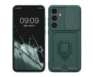 kwmobile Plastic Case Compatible with Samsung Galaxy S24 FE - Case with Metal Stand Card Slot Finger Holder - Moss Green