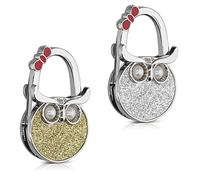 kwmobile Purse Hooks for Table - Set of 2 Portable Handbag Hook Foldable Bag Holder Purse Hangers for Tables with Design - Owl Red/Gold/Silver