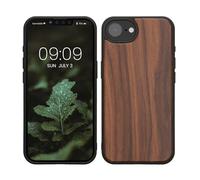kwmobile Real Wood Case Compatible with Apple iPhone 17e / iPhone 16e Case - Hard Wooden Cover w/TPU Bumper - Dark Brown walnut