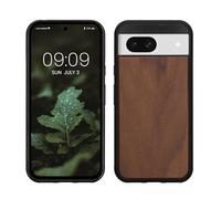 kwmobile Real Wood Case Compatible with Google Pixel 8a Case - Hard Wooden Cover w/TPU Bumper - Brown walnut