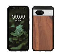 kwmobile Real Wood Case Compatible with Google Pixel 8a Case - Hard Wooden Cover w/TPU Bumper - Vintage Brown/Brown acacia