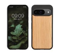 kwmobile Real Wood Case Compatible with Google Pixel 9 / Pixel 9 Pro Case - Hard Wooden Cover w/TPU Bumper - Light Brown/Brown oak