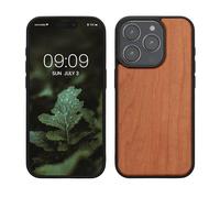 kwmobile Real Wood Case Compatible with iPhone 15 Pro Case - Hard Wooden Cover w/TPU Bumper - Brown