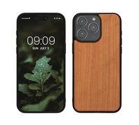 kwmobile Real Wood Case Compatible with iPhone 15 Pro Max Case - Hard Wooden Cover w/TPU Bumper - Brown