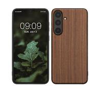 kwmobile Real Wood Case Compatible with Samsung Galaxy S25 FE Case - Hard Wooden Cover w/TPU Bumper - Dark Brown wood