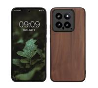 kwmobile Real Wood Case Compatible with Xiaomi 14 5G Case - Hard Wooden Cover w/TPU Bumper - Brown