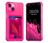 kwmobile TPU Case with Card Slot Compatible with Apple iPhone 15 Case - Shockproof Wallet Smartphone Cover - Built in Card Holder - Neon Pink/Transparent
