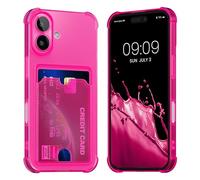 kwmobile TPU Case with Card Slot Compatible with Apple iPhone 16 Case - Shockproof Wallet Smartphone Cover - Built in Card Holder - Neon Pink/Transparent