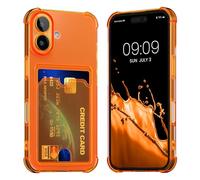 kwmobile TPU Case with Card Slot Compatible with Apple iPhone 16 Case - Shockproof Wallet Smartphone Cover - Built in Card Holder - Fruity Orange/Transparent