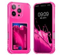 kwmobile TPU Case with Card Slot Compatible with Apple iPhone 16 Pro Max Case - Shockproof Wallet Smartphone Cover - Built in Card Holder - Neon Pink/Transparent