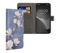 kwmobile Wallet Case Compatible with Apple iPhone 17e / iPhone 16e Case for Phone - Magnolias Taupe/White/Blue Grey