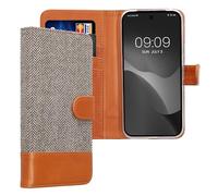 kwmobile Wallet Case Compatible with Google Pixel 9a - Case Fabric and Faux Leather Phone Flip Cover - Light Grey/Brown