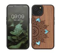 kwmobile Wood Case Compatible with Apple iPhone 14 Case - Cover - Rising Sun Mother of Pearl Dark Brown