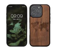 kwmobile Wood Case Compatible with Apple iPhone 16 Pro Case - Cover - Travel Outline Dark Brown