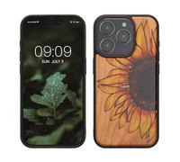 kwmobile Wood Case Compatible with iPhone 15 Pro Case - Cover - Wood Sunflower Yellow/Dark Brown/Light Brown