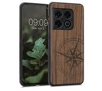 kwmobile Wood Case Compatible with OnePlus 10 Pro 5G Case - Cover - Navigational Compass Dark Brown