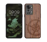 kwmobile Wood Case Compatible with OnePlus Nord 2T 5G Case - Cover - Navigational Compass Dark Brown