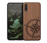 kwmobile Wood Case Compatible with Samsung Galaxy A50 Case - Cover - Navigational Compass Dark Brown