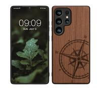kwmobile Wood Case Compatible with Samsung Galaxy S25 Ultra Case - Cover - Navigational Compass Dark Brown