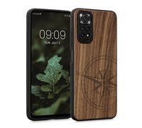 kwmobile Wood Case Compatible with Xiaomi Redmi Note 11 / Note 11S Case - Cover - Navigational Compass Dark Brown